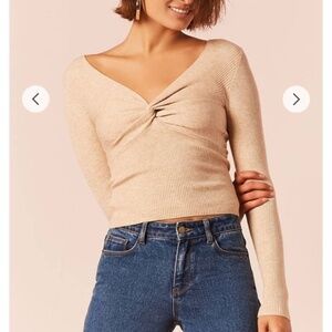 Brown Beige Ribbed Twist-Front Long Sleeve Top Size S Thick Material